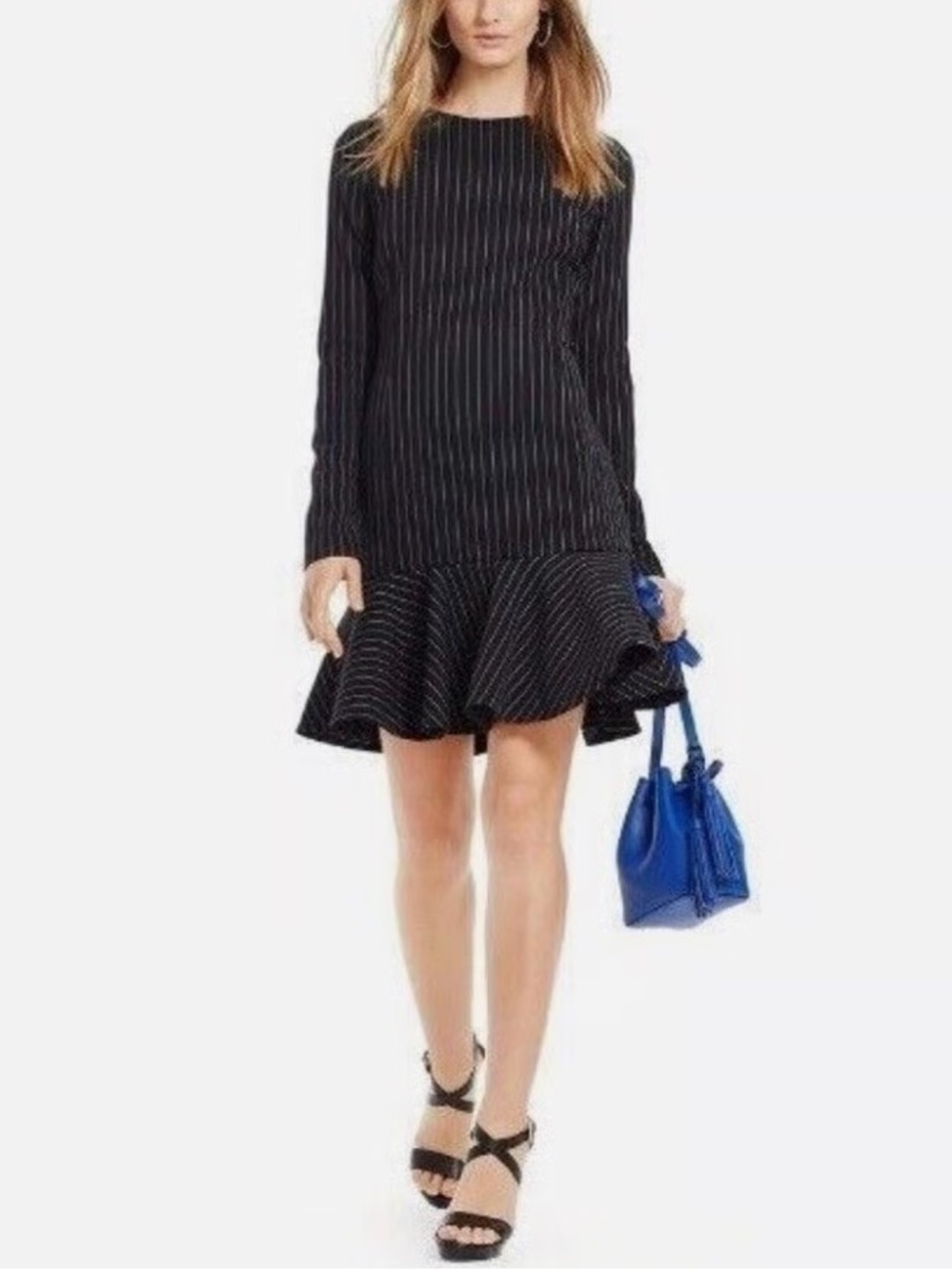 Polo Ralph Lauren Wool Blend Pinstripe Long Sleeve Ruffle Dress